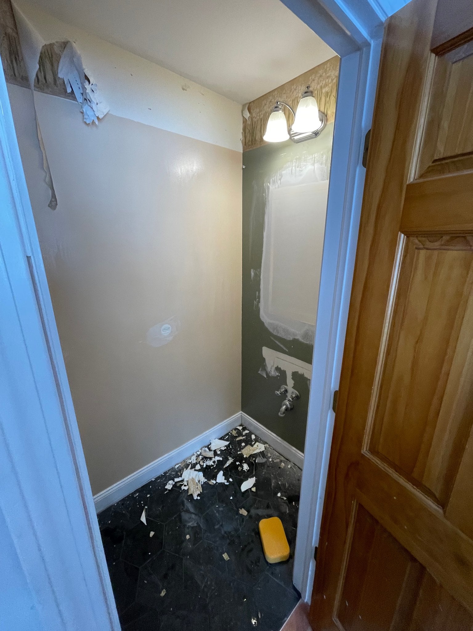 Wainscoting, Wallpaper & Vanity Upgrade before