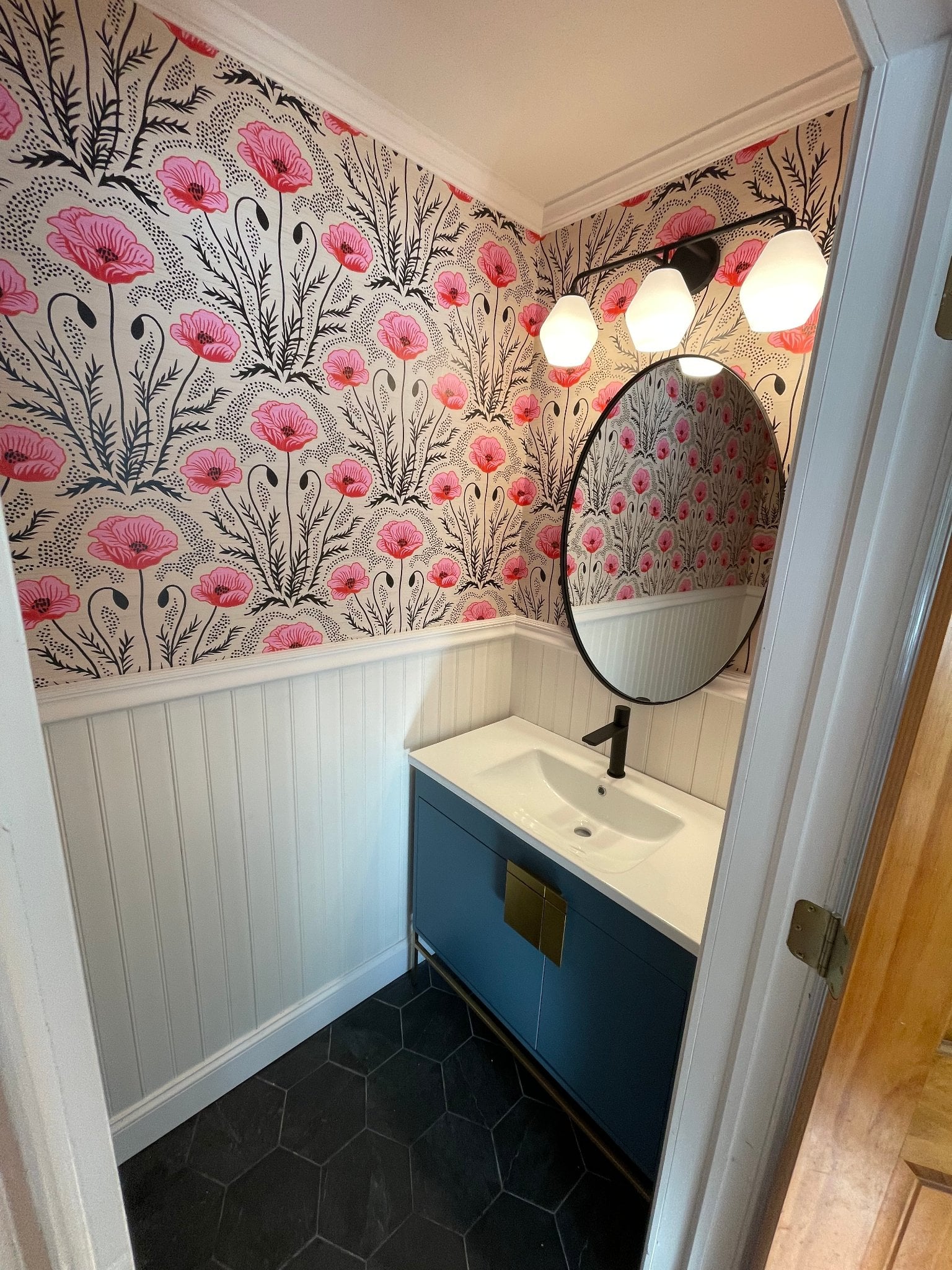 Wainscoting, Wallpaper & Vanity Upgrade after